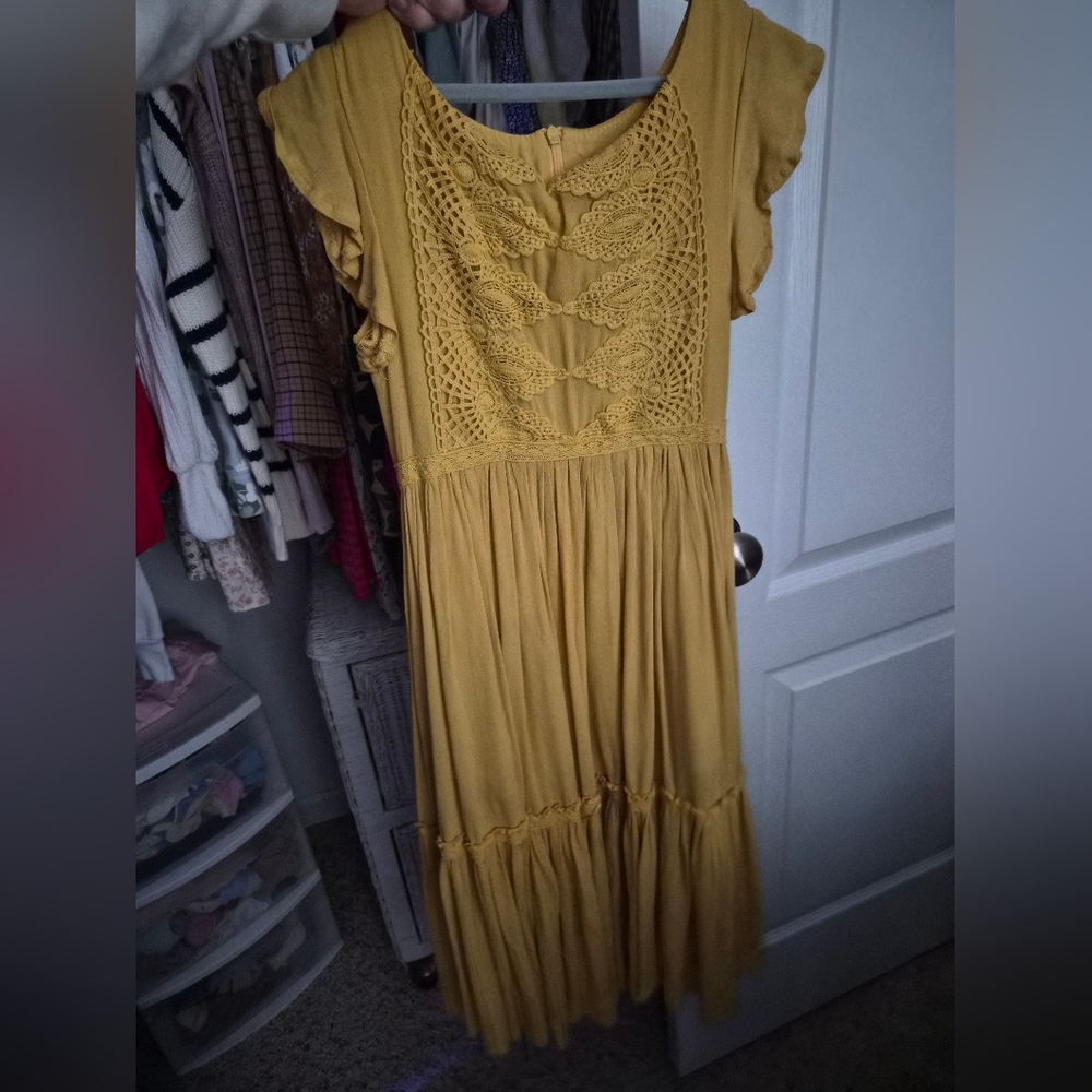 Joyfolie Mustard Crochet-Front Maxi Dress